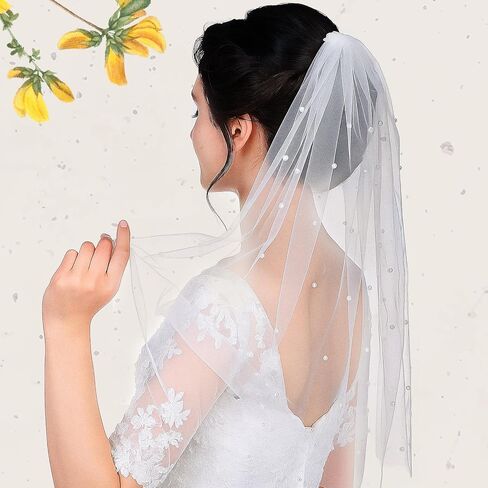 Bachelorette Veil, Short Pearl Veil with Comb 1 Tier White Veils for Bachelorette Party, Suitable for Women and Brides in Kuwait