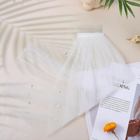 Bachelorette Veil, Short Pearl Veil with Comb 1 Tier White Veils for Bachelorette Party, Suitable for Women and Brides in Kuwait