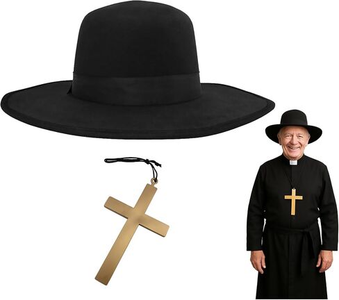 Nicky Bigs Novelties Adult Padre Hat & Cross Necklace Set Black Felt Wide Brim Hat with Adjustable Sweatband + Plastic Crucifix – Halloween Priest Zorro Cosplay Costume Accessory for Men & Women in Saudi Arabia