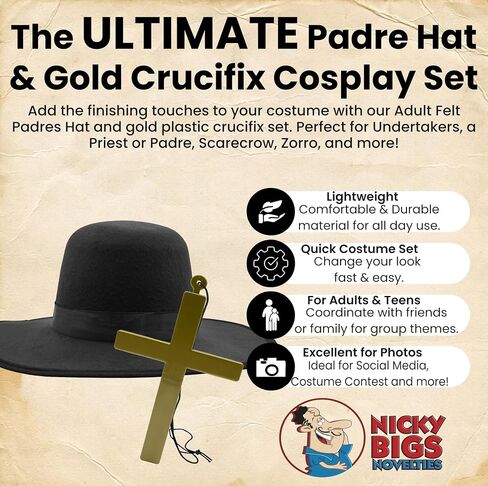 Nicky Bigs Novelties Adult Padre Hat & Cross Necklace Set Black Felt Wide Brim Hat with Adjustable Sweatband + Plastic Crucifix – Halloween Priest Zorro Cosplay Costume Accessory for Men & Women in Saudi Arabia