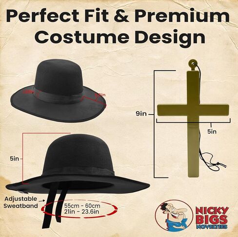 Nicky Bigs Novelties Adult Padre Hat & Cross Necklace Set Black Felt Wide Brim Hat with Adjustable Sweatband + Plastic Crucifix – Halloween Priest Zorro Cosplay Costume Accessory for Men & Women in Saudi Arabia