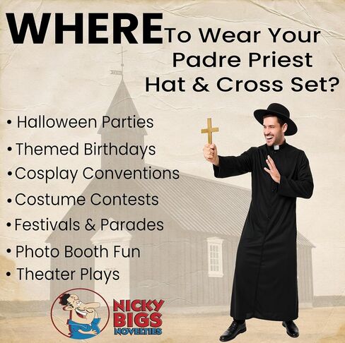 Nicky Bigs Novelties Adult Padre Hat & Cross Necklace Set Black Felt Wide Brim Hat with Adjustable Sweatband + Plastic Crucifix – Halloween Priest Zorro Cosplay Costume Accessory for Men & Women in Saudi Arabia