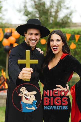 Nicky Bigs Novelties Adult Padre Hat & Cross Necklace Set Black Felt Wide Brim Hat with Adjustable Sweatband + Plastic Crucifix – Halloween Priest Zorro Cosplay Costume Accessory for Men & Women in Saudi Arabia