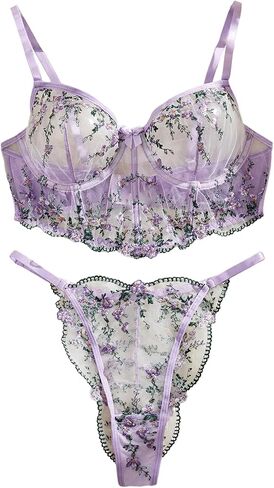 WDIRARA Women's Floral Embroidered Lingerie Set Mesh Bra and Panty Set in Saudi Arabia
