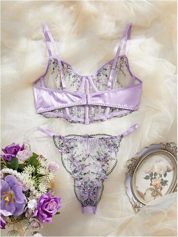 WDIRARA Women's Floral Embroidered Lingerie Set Mesh Bra and Panty Set in Saudi Arabia