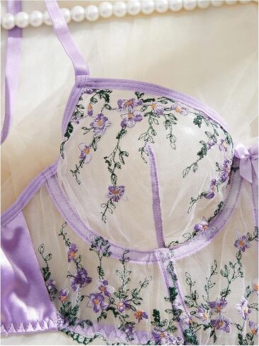 WDIRARA Women's Floral Embroidered Lingerie Set Mesh Bra and Panty Set in Saudi Arabia