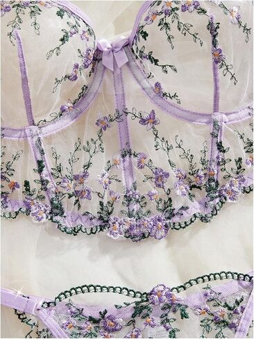 WDIRARA Women's Floral Embroidered Lingerie Set Mesh Bra and Panty Set in Saudi Arabia