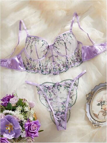 WDIRARA Women's Floral Embroidered Lingerie Set Mesh Bra and Panty Set in Saudi Arabia