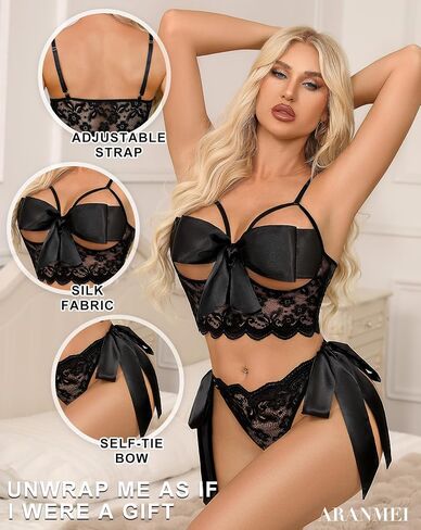 Aranmei Womens Lingerie Set Satin Lace Bra Panty Set with Self Tie Bow, Adjustable Straps Valentines Day Gift S-XXL in Saudi Arabia