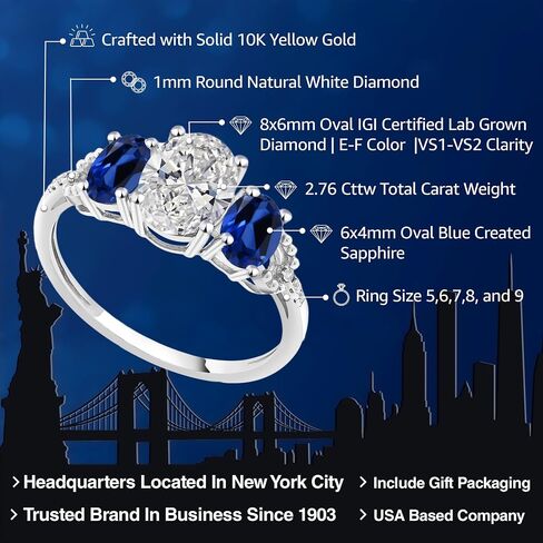 10K White Gold White Igi معتمد مختبر نمت الماس والأزرق الذي تم إنشاؤه خاتم الخطوبة من 3 طوابق للنساء | 2.76 CTTW | المركز 1.5 CT Diamond | E-F Color VS1-VS2 Clarity | متوفر في الحجم 5 in Saudi Arabia