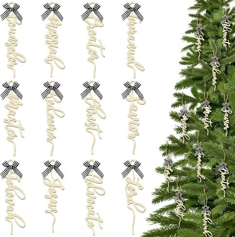 Syhood 24 Pcs Names of Jesus Christ Ornaments Wooden Christ Christmas Decorations Hanging Rustic Jesus Ornaments with Bows for Christmas Tree Church Vintage Religious Home Decor in Saudi Arabia