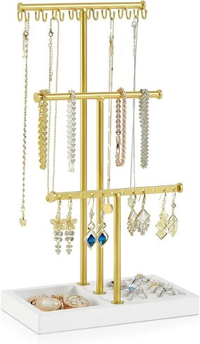 Pinzoveco Jewelry Organizer, 3 Tier Jewelry Holder with Tray, Jewelry Organizers and storage wirh Earring Organizer, 16 Hooks Necklace Holder, Bracelet Organizer, Ring Tray, Gloden & White in Kuwait