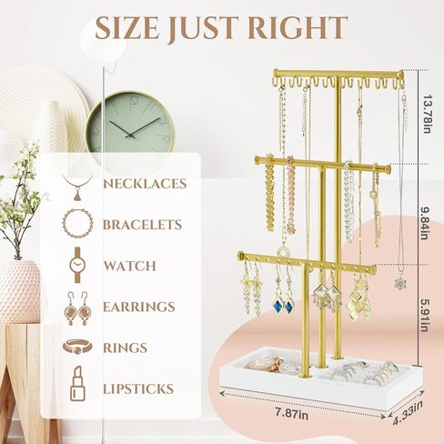 Pinzoveco Jewelry Organizer, 3 Tier Jewelry Holder with Tray, Jewelry Organizers and storage wirh Earring Organizer, 16 Hooks Necklace Holder, Bracelet Organizer, Ring Tray, Gloden & White in Kuwait