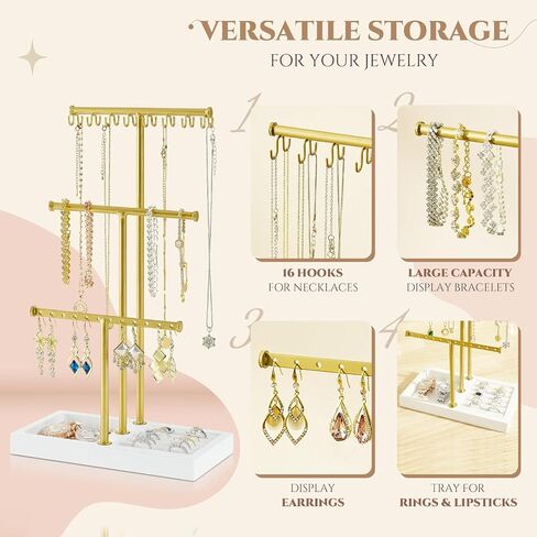 Pinzoveco Jewelry Organizer, 3 Tier Jewelry Holder with Tray, Jewelry Organizers and storage wirh Earring Organizer, 16 Hooks Necklace Holder, Bracelet Organizer, Ring Tray, Gloden & White in Kuwait