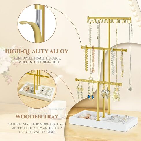 Pinzoveco Jewelry Organizer, 3 Tier Jewelry Holder with Tray, Jewelry Organizers and storage wirh Earring Organizer, 16 Hooks Necklace Holder, Bracelet Organizer, Ring Tray, Gloden & White in Kuwait