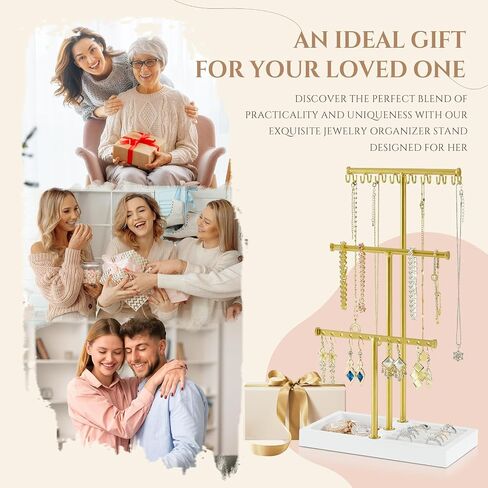 Pinzoveco Jewelry Organizer, 3 Tier Jewelry Holder with Tray, Jewelry Organizers and storage wirh Earring Organizer, 16 Hooks Necklace Holder, Bracelet Organizer, Ring Tray, Gloden & White in Kuwait