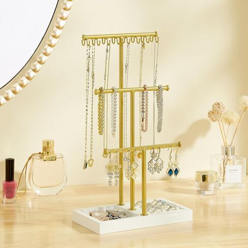 Pinzoveco Jewelry Organizer, 3 Tier Jewelry Holder with Tray, Jewelry Organizers and storage wirh Earring Organizer, 16 Hooks Necklace Holder, Bracelet Organizer, Ring Tray, Gloden & White in Kuwait