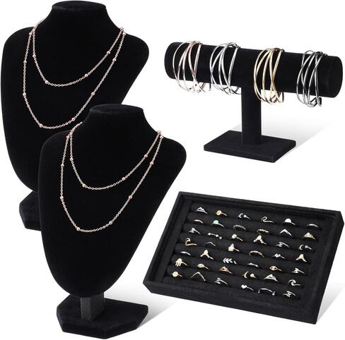 Wenqik 4pcs Velvet Jewelry Display Set 2 Necklace Chain for Vendors T-bar Bracelet Holder Ring Tray for Showcase Jewelry Displays Supplies(Black) in Saudi Arabia