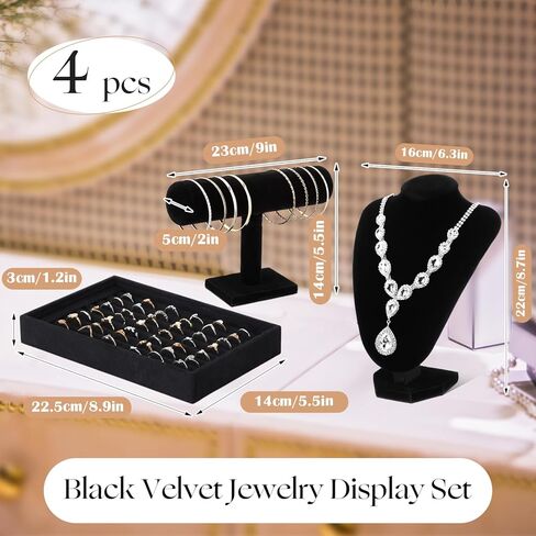 Wenqik 4pcs Velvet Jewelry Display Set 2 Necklace Chain for Vendors T-bar Bracelet Holder Ring Tray for Showcase Jewelry Displays Supplies(Black) in Saudi Arabia