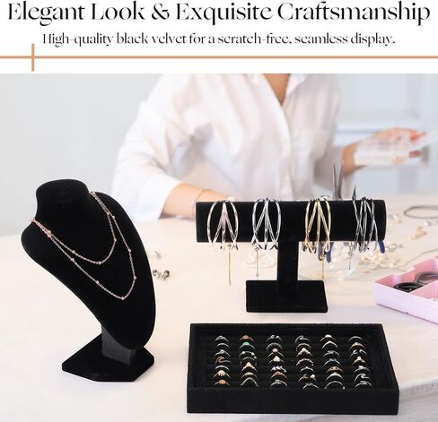 Wenqik 4pcs Velvet Jewelry Display Set 2 Necklace Chain for Vendors T-bar Bracelet Holder Ring Tray for Showcase Jewelry Displays Supplies(Black) in Saudi Arabia