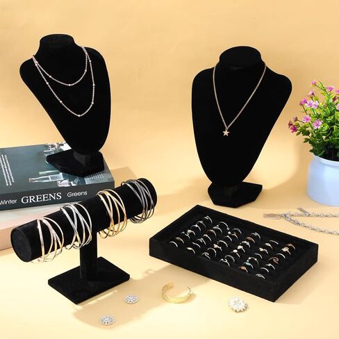 Wenqik 4pcs Velvet Jewelry Display Set 2 Necklace Chain for Vendors T-bar Bracelet Holder Ring Tray for Showcase Jewelry Displays Supplies(Black) in Saudi Arabia