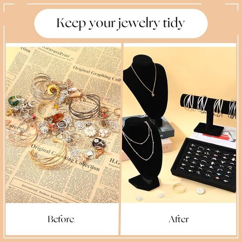 Wenqik 4pcs Velvet Jewelry Display Set 2 Necklace Chain for Vendors T-bar Bracelet Holder Ring Tray for Showcase Jewelry Displays Supplies(Black) in Saudi Arabia