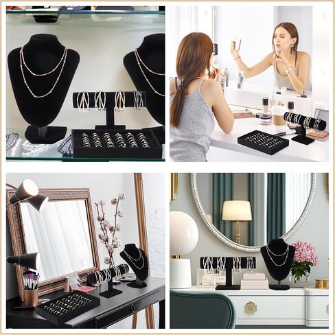 Wenqik 4pcs Velvet Jewelry Display Set 2 Necklace Chain for Vendors T-bar Bracelet Holder Ring Tray for Showcase Jewelry Displays Supplies(Black) in Saudi Arabia