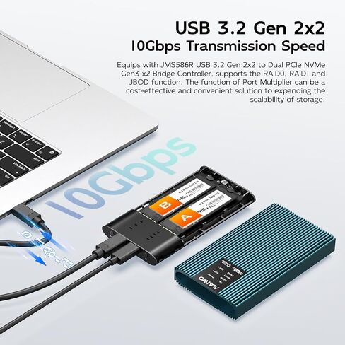 MAIWO NVMe RAID Enclosure Dual Bay M.2 PCIe NVMe SSD Reader with RAID 0/1/PM/JBOD, USB 3.2 GEN2x2 Type-C 20Gbps Speed, 16TB Capacity (K2022R) in Kuwait