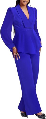 Annystore Pant Suits for Women Dressy Mesh Sheer Sleeve Ruffle Blazer Wide Leg Pants Pantsuit Sets Casual Work Outfit in Saudi Arabia