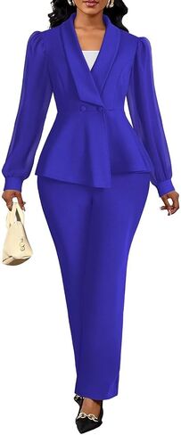 Annystore Pant Suits for Women Dressy Mesh Sheer Sleeve Ruffle Blazer Wide Leg Pants Pantsuit Sets Casual Work Outfit in Saudi Arabia