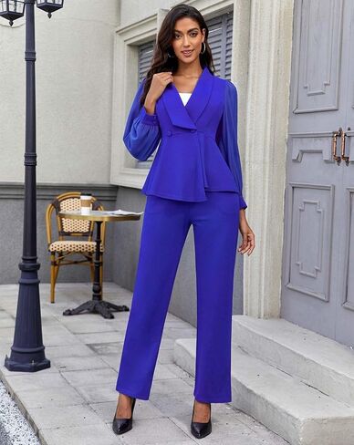 Annystore Pant Suits for Women Dressy Mesh Sheer Sleeve Ruffle Blazer Wide Leg Pants Pantsuit Sets Casual Work Outfit in Saudi Arabia