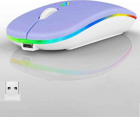 ماوس LED لاسلكي، ماوس مكتبي بصري نحيف وصامت ثنائي الوضع 2.4G+BT قابل لإعادة الشحن بـ 7 ألوان مع جهاز استقبال USB، 3 مستويات DPI قابلة للتعديل لأجهزة الكمبيوتر المحمول والكمبيوتر الشخصي وأجهزة الكمبيوتر المحمول (أرجواني) in Kuwait