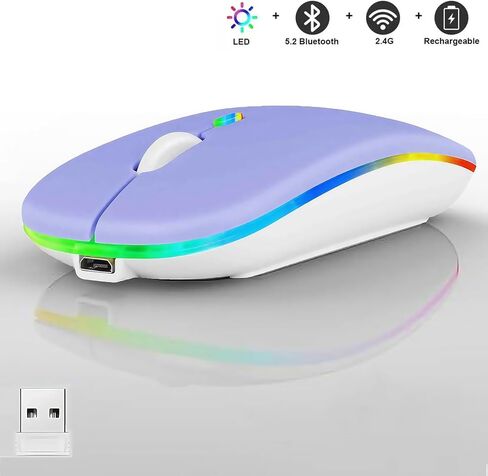 ماوس LED لاسلكي، ماوس مكتبي بصري نحيف وصامت ثنائي الوضع 2.4G+BT قابل لإعادة الشحن بـ 7 ألوان مع جهاز استقبال USB، 3 مستويات DPI قابلة للتعديل لأجهزة الكمبيوتر المحمول والكمبيوتر الشخصي وأجهزة الكمبيوتر المحمول (أرجواني) in Kuwait