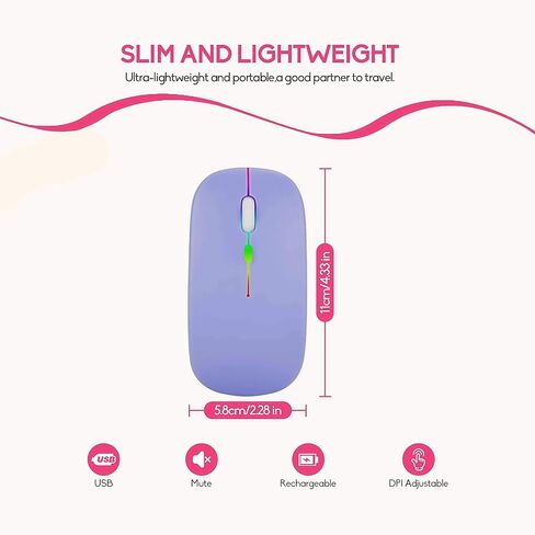ماوس LED لاسلكي، ماوس مكتبي بصري نحيف وصامت ثنائي الوضع 2.4G+BT قابل لإعادة الشحن بـ 7 ألوان مع جهاز استقبال USB، 3 مستويات DPI قابلة للتعديل لأجهزة الكمبيوتر المحمول والكمبيوتر الشخصي وأجهزة الكمبيوتر المحمول (أرجواني) in Kuwait