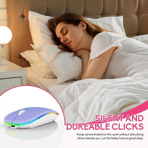 ماوس LED لاسلكي، ماوس مكتبي بصري نحيف وصامت ثنائي الوضع 2.4G+BT قابل لإعادة الشحن بـ 7 ألوان مع جهاز استقبال USB، 3 مستويات DPI قابلة للتعديل لأجهزة الكمبيوتر المحمول والكمبيوتر الشخصي وأجهزة الكمبيوتر المحمول (أرجواني) in Kuwait