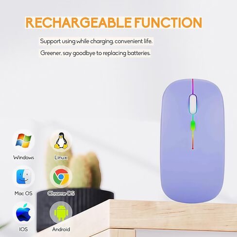 ماوس LED لاسلكي، ماوس مكتبي بصري نحيف وصامت ثنائي الوضع 2.4G+BT قابل لإعادة الشحن بـ 7 ألوان مع جهاز استقبال USB، 3 مستويات DPI قابلة للتعديل لأجهزة الكمبيوتر المحمول والكمبيوتر الشخصي وأجهزة الكمبيوتر المحمول (أرجواني) in Kuwait