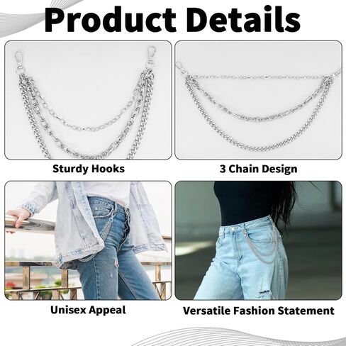 Grevosea Silver Wallet Chain, Heavy Duty Hip Hop Pants Chain for Men Women 3-Layer Metal Punk Wallet Chains Purse Chain for Jeans Belt Clothing Goth Accessories in Saudi Arabia