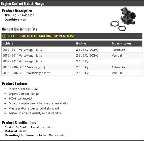 Engine Coolant Outlet Flange - Compatible with 2005-2014 Volkswagen Jetta 2.5L 5-Cylinder in Saudi Arabia