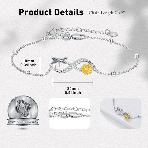 SINONLY Infinity Bracelet 925 Sterling Silver Butterfly/Dragonfly/Bee/Hummingbird/Sunflower Bracelet Sunflower Jewelry Mother Day Birthday Gift for Women Mom in Saudi Arabia