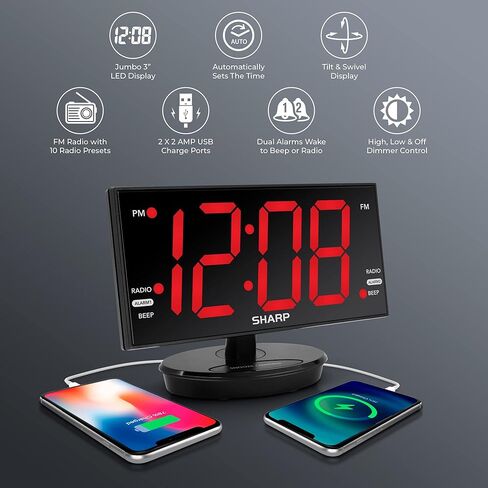 Sharp Digital Alarm Clock, 8.9" Extra Large LED Clock with Tilt and Swivel Display, AccuSet Automatically Sets The Time, Dual USB Charger Ports, FM Radio, 3 Level Adjustable Dimmer Brightness in Saudi Arabia