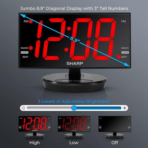Sharp Digital Alarm Clock, 8.9" Extra Large LED Clock with Tilt and Swivel Display, AccuSet Automatically Sets The Time, Dual USB Charger Ports, FM Radio, 3 Level Adjustable Dimmer Brightness in Saudi Arabia