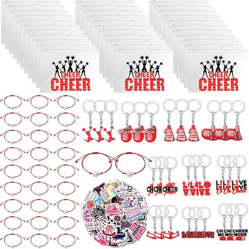 Huquary 91 Pcs Cheerleader Gifts Kit 30 Pcs Zipper Portable Cheer Makeup Bag 30 Pcs Cheer Keychain 30 Pcs Black Cheer Bracelets 1 Bag Waterproof Cheer Stickers for Women Girls Cheerleader Teammates in Kuwait