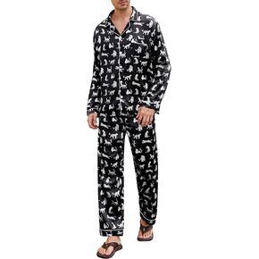 Yozly Mens Silk Satin Pajamas Set Button-Down Loungewear 2 pcs pj set long sleeve sleepy with pants s-xxxl long in Kuwait