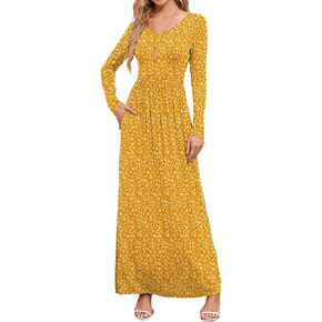 DEARCASE Maxi Dress for Women Red X-Large Crewneck Long Sleeves Wedding Guest Loose Plain Casual Empire Waist Flowy Party Beach Vintage A-line Spring Fall Winter Floor Dresses with Pocket in Kuwait