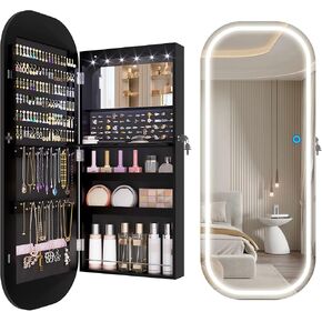 LVSOMT LED Lights Mirror Jewelry Cabinet, Wall Mount/Over the Door Jewelry Armoire Organizer, 42" Full Length Mirror with Storage, Built-in Makeup Mirror, Lockable Mirror Cabinet for Jewelry, White in Kuwait