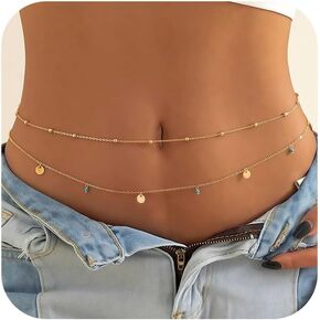 سلسلة خصر مطلية بالذهب 14K للنساء ، 2pcs قابلة للتعديل حبات اللؤلؤ ، وملحقات مجوهرات البطن الصيفية ذات الطبقات الصيفية in Kuwait