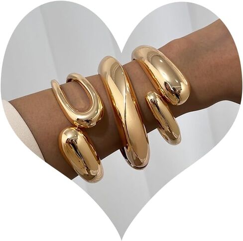 Giovanchi Chunky Gold-color Bangle Bracelets for Women‌ - 3PCS Adjustable Open Cuff Bracelet Stack, Non-Tarnish Stackable Bangles Set, Trendy Minimalist Accessories in Kuwait