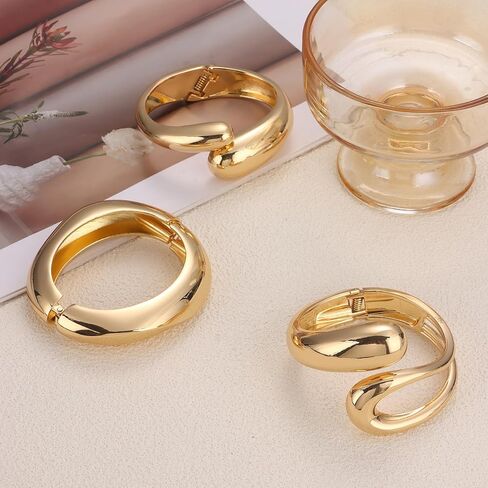 Giovanchi Chunky Gold-color Bangle Bracelets for Women‌ - 3PCS Adjustable Open Cuff Bracelet Stack, Non-Tarnish Stackable Bangles Set, Trendy Minimalist Accessories in Kuwait