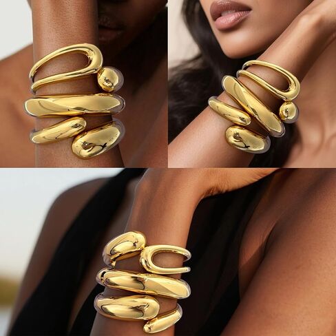 Giovanchi Chunky Gold-color Bangle Bracelets for Women‌ - 3PCS Adjustable Open Cuff Bracelet Stack, Non-Tarnish Stackable Bangles Set, Trendy Minimalist Accessories in Kuwait