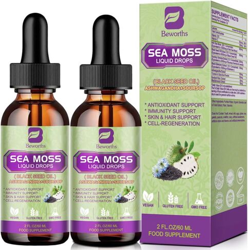 Sea Moss Liquid Drops - Irish Sea Moss Black Seed Oil with Ashwagandha, Soursop Bitters, Elderberry, Burdock Root, Bladderwrack, Multimineral Seamoss Supplement Support Antioxidant, Immune, Gut Health in Saudi Arabia